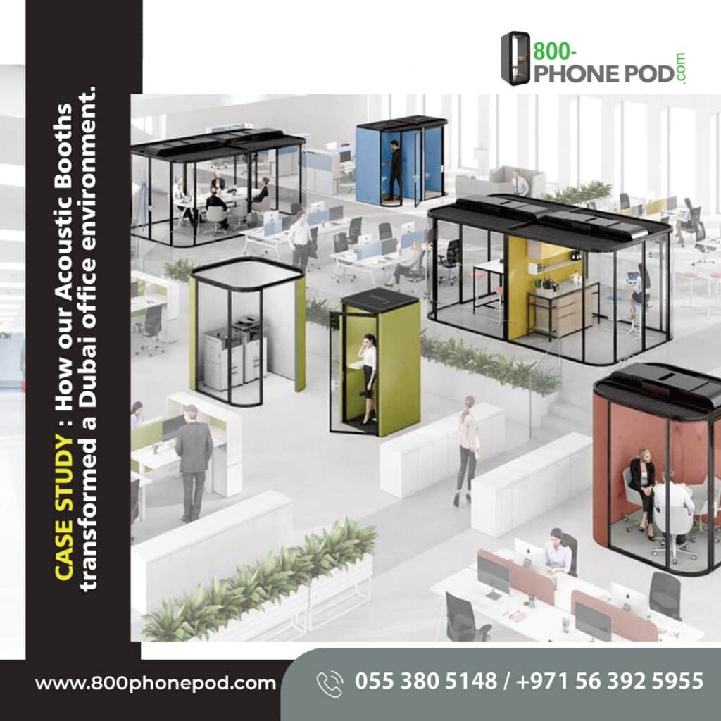 Discover the Incredible impact of our Acoustic Booths in a Dubai office environment: Increased Productivity, Reduced Distractions, & Enhanced Focus.